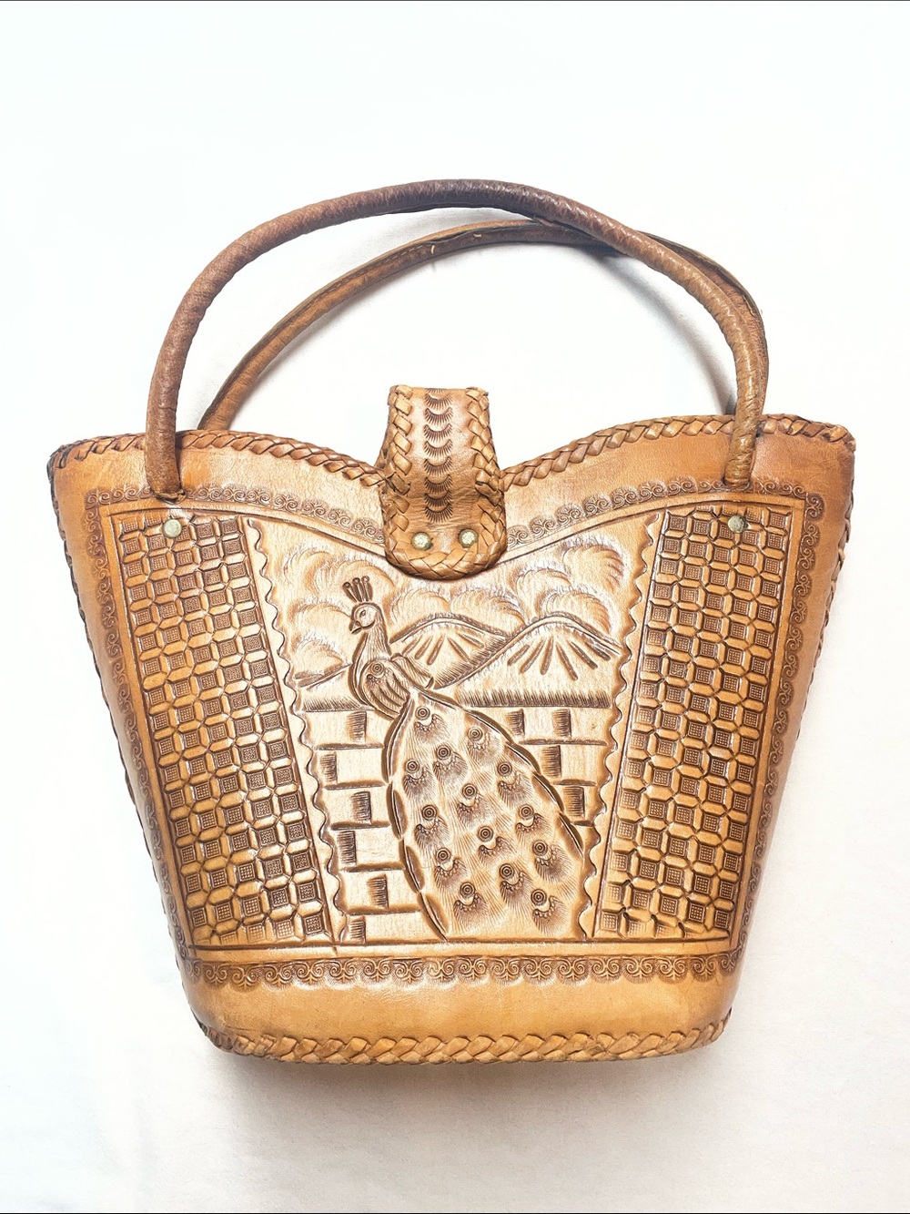 Vintage Hand Tooled Tan Leather Tote with Embossed Peacock Design From Mexico